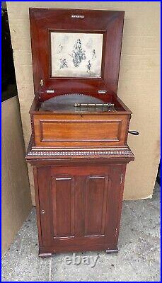 15 1/2 Regina Mahogany Double Comb Disc Music Box With Disc Cabinet