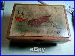 1884 Antique Music Box Dog And Horseman Painting On Lid. Plays Dixie, Suwannee