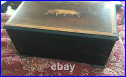 19th C. SWISS CYLINDER MUSIC BOX WITH Swan INLAYS OF WOOD AND WITH BELLS! LOOK