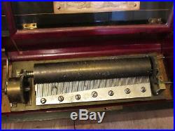 19th Cent. Antique Cylindrical Swiss Music Box Etouffoirs en Acier, plays 8 Airs