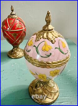 2 Vintage Rare Porcelain House of Faberge Musical Eggs Rose Narcissus Music Box