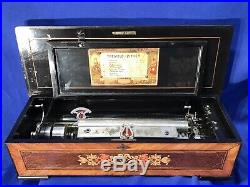 25 Inch Large Vintage Antique Swiss Marquetry Inlay Cylinder Music Box