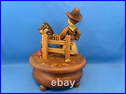 ANRI Italy Music Box Cowboy Horse Carved Wood THORENS plays Home on the Range
