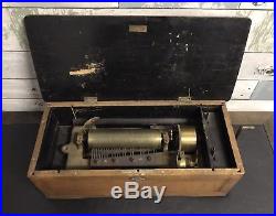 ANTIQUE CYLINDER MUSIC BOX WOODEN BOX HAND CRANK AS-IS 17 3/4 Long