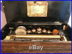 ANTIQUE SWISS 17.5 CYLINDER 1880s MUSIC BOX with DRUM, 6 BELLS & CASTANET-plays