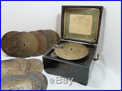 Antique 1870 Symphonion Music Box Germany 5 3/4 Metal 19 Disc Collection