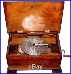 Antique 1880's Swiss Mechanical Disc Music Box In Walnut Case Sounds Terrific