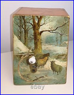 Antique 1894 German wood music box musical manivelle movement animals décor