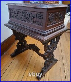 Antique 19th C. Heavily Carved Mahogany Swiss Cylinder Music Box & Table 6 Air
