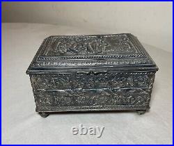 Antique 19th century footed ornate silverplate wood Swiss cylindrical music box Antique 19th century footed ornate silverplate wood Swiss cylindrical music box