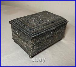 Antique 19th century footed ornate silverplate wood Swiss cylindrical music box Antique 19th century footed ornate silverplate wood Swiss cylindrical music box