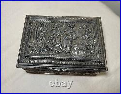Antique 19th century footed ornate silverplate wood Swiss cylindrical music box Antique 19th century footed ornate silverplate wood Swiss cylindrical music box