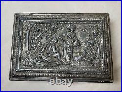 Antique 19th century footed ornate silverplate wood Swiss cylindrical music box Antique 19th century footed ornate silverplate wood Swiss cylindrical music box