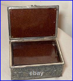 Antique 19th century footed ornate silverplate wood Swiss cylindrical music box Antique 19th century footed ornate silverplate wood Swiss cylindrical music box