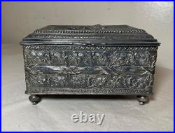 Antique 19th century footed ornate silverplate wood Swiss cylindrical music box Antique 19th century footed ornate silverplate wood Swiss cylindrical music box