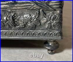 Antique 19th century footed ornate silverplate wood Swiss cylindrical music box Antique 19th century footed ornate silverplate wood Swiss cylindrical music box