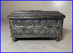Antique 19th century footed ornate silverplate wood Swiss cylindrical music box Antique 19th century footed ornate silverplate wood Swiss cylindrical music box