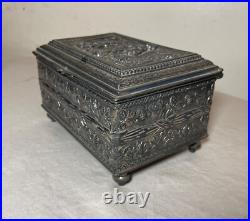 Antique 19th century footed ornate silverplate wood Swiss cylindrical music box Antique 19th century footed ornate silverplate wood Swiss cylindrical music box