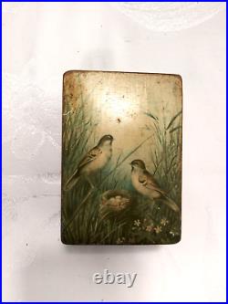 Antique 2 Airs Music Box Walnut Box With Love Birds and Nest Image on Top