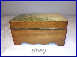 Antique 2 Airs Music Box Walnut Box With Love Birds and Nest Image on Top