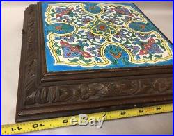 Antique 4 Airs Majolica Tile Trivet Carved Wood Music Box