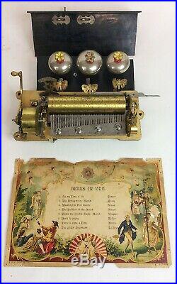 Antique B. H. A. 8 air Swiss music box movement Bells in Vue