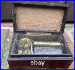 Antique C. 1900 4 Aire Miniature Swiss Music Box with Burl Case Works Great