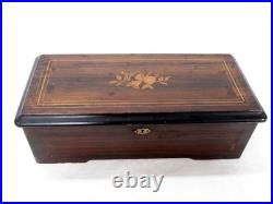 Antique Cylinder Marquetry Inlay Wooden Music Box Plays Long Time, Nice Tone
