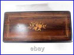 Antique Cylinder Marquetry Inlay Wooden Music Box Plays Long Time, Nice Tone