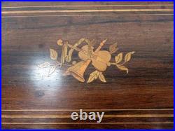 Antique Cylinder Marquetry Inlay Wooden Music Box Plays Long Time, Nice Tone