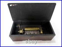Antique Cylinder Marquetry Inlay Wooden Music Box Plays Long Time, Nice Tone