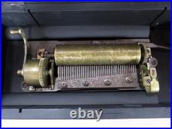 Antique Cylinder Marquetry Inlay Wooden Music Box Plays Long Time, Nice Tone
