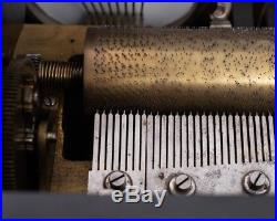 Antique Cylinder Music Box 6 Bells, Drum & Castanet 22 Long Inlaid Wood Case