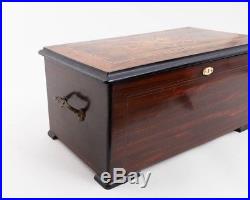 Antique Cylinder Music Box 6 Bells, Drum & Castanet 22 Long Inlaid Wood Case
