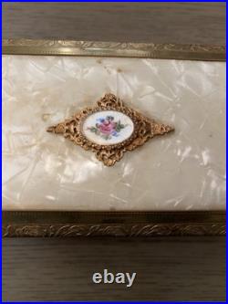 Antique Etched Brass Metal & Mother of Pearl Jewelry Music Box RARE
