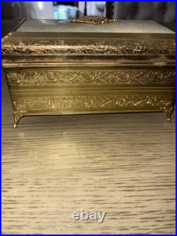 Antique Etched Brass Metal & Mother of Pearl Jewelry Music Box RARE