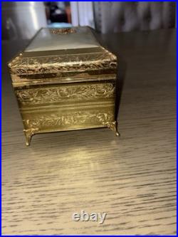 Antique Etched Brass Metal & Mother of Pearl Jewelry Music Box RARE