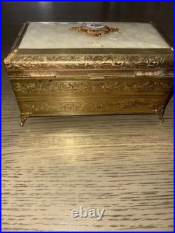Antique Etched Brass Metal & Mother of Pearl Jewelry Music Box RARE