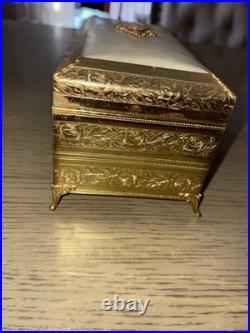 Antique Etched Brass Metal & Mother of Pearl Jewelry Music Box RARE