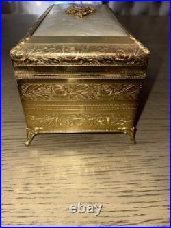 Antique Etched Brass Metal & Mother of Pearl Jewelry Music Box RARE
