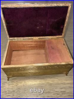Antique Etched Brass Metal & Mother of Pearl Jewelry Music Box RARE