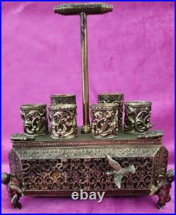 Antique FILIGREE Metal Footed Cherub Lipstick Holder Musical Jewelry Box Vintage