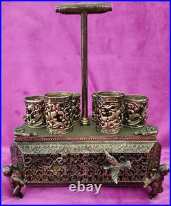 Antique FILIGREE Metal Footed Cherub Lipstick Holder Musical Jewelry Box Vintage
