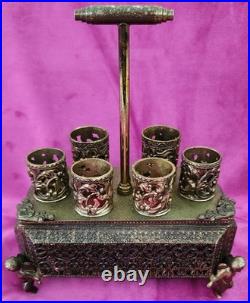 Antique FILIGREE Metal Footed Cherub Lipstick Holder Musical Jewelry Box Vintage