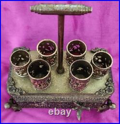 Antique FILIGREE Metal Footed Cherub Lipstick Holder Musical Jewelry Box Vintage