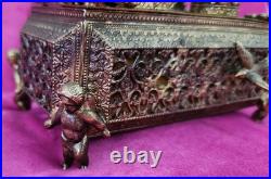 Antique FILIGREE Metal Footed Cherub Lipstick Holder Musical Jewelry Box Vintage