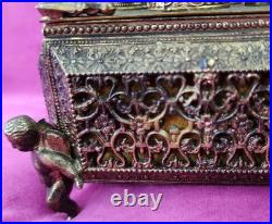 Antique FILIGREE Metal Footed Cherub Lipstick Holder Musical Jewelry Box Vintage