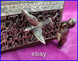 Antique FILIGREE Metal Footed Cherub Lipstick Holder Musical Jewelry Box Vintage