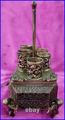 Antique FILIGREE Metal Footed Cherub Lipstick Holder Musical Jewelry Box Vintage