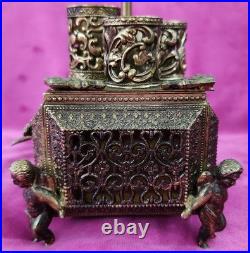 Antique FILIGREE Metal Footed Cherub Lipstick Holder Musical Jewelry Box Vintage